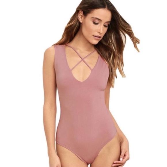 Dusty Blush Strappy Criss Cross Tank Top Bodysuit - Picture 4 of 4